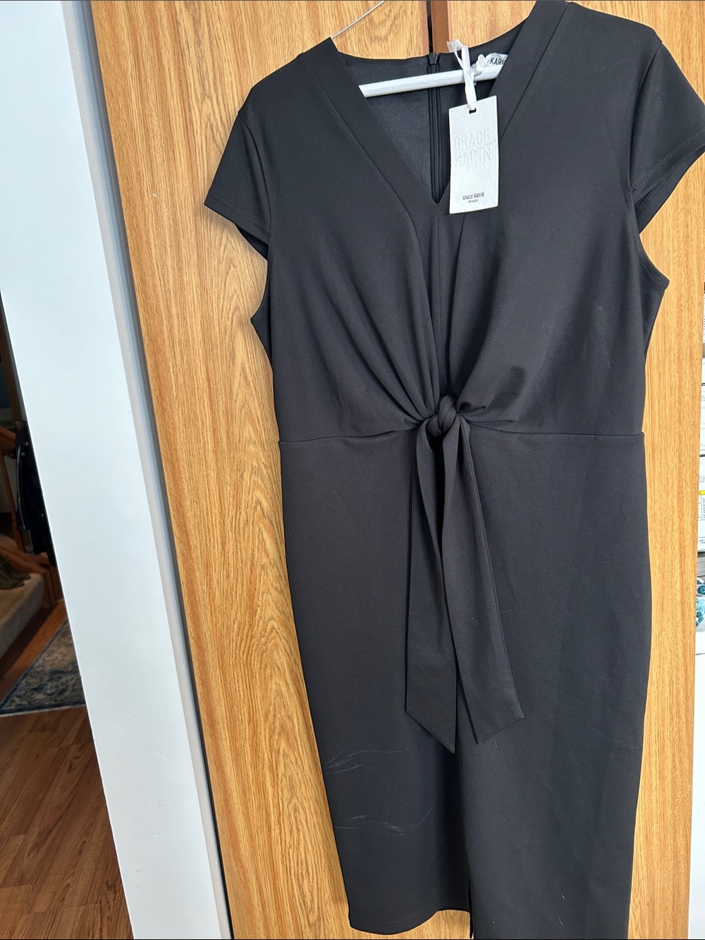 Grace Karin Black Knot-Tie V-Neck Midi Dress